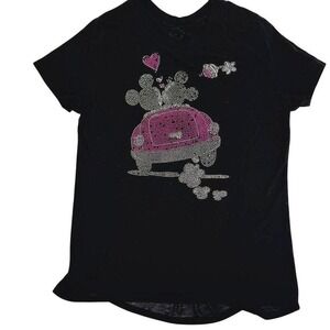 Disney Mickey and Minnie Mouse Rhinestone Car Black Short Sleeve TShirt Large